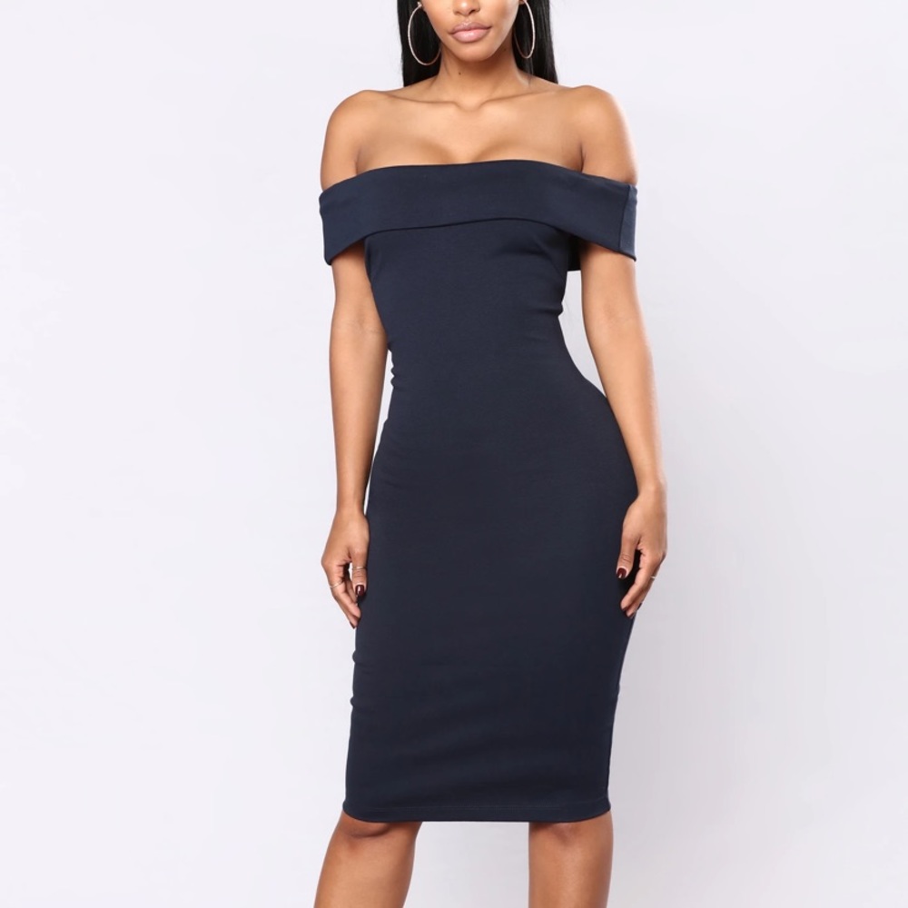 Navy Blue Off Shoulder Midi Dress